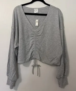 OFFLINE by Aerie Gray Knit Cropped Top Size Large Drawstring Ruched Thumb Holes thumbnail 1