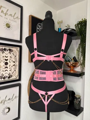 Playboy Charm Waspie 3pc Lingerie Set Pink Bra Corset Thong Gold Bunny Chains thumbnail 3