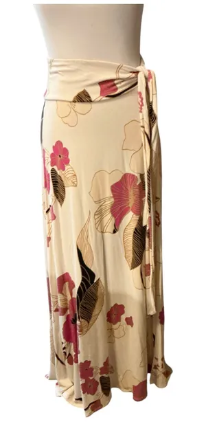 Agnes & Dora Floral Faux Wrap Maxi Skirt Cream Pink Small Stretch Holiday Boho thumbnail 1