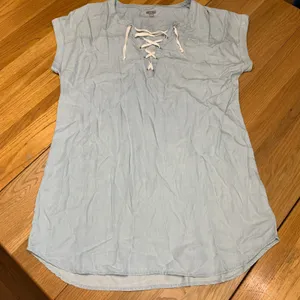 Aerie Women XL Light Wash Chambray Lace Up V-Neck Tunic Dress Lyocell Cap Sleeve thumbnail 1