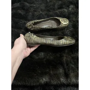 Tory Burch Reptile Embossed Reva Ballet Flats Metallic Gold Black 6 thumbnail 4