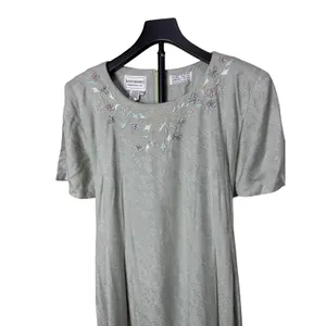 Karin Stevens Vintage 90s Sage Green Floral Damask Embroidered Maxi Dress‎ Large thumbnail 2