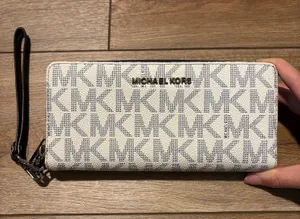 Michael Kors Cream & Navy Signature MK Zip Wallet Wristlet thumbnail 1