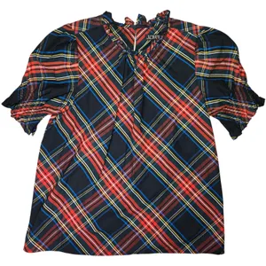 J. Crew Womens BN162‎ Tartan Plaid Ruffle Neck Puff Sleeve Cotton Top Small thumbnail 1