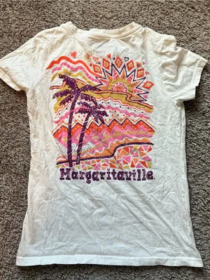 Margaritaville White Tee with Pink, Purple & Orange Sunset Palm Graphic thumbnail 1