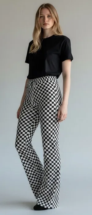 Checkerboard High-Rise Wide Leg Pants - Black & White thumbnail 1