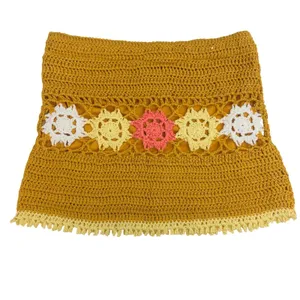 Mora‎ Mustard Yellow Crochet Floral Medallion Fringe Mini Skirt One Size Boho thumbnail 3