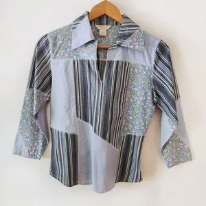 ANTILIA 3/4 Sleeve Floral Stripe Patchwork V-Neck Blouse Top Sz S Cottagecore thumbnail 1