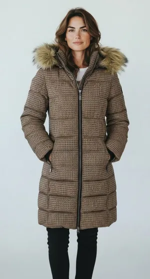 C-RO Denmark Houndstooth‎ 2-Way Stretch Puffer Coat with Faux Fur Hood Size 4 thumbnail 1
