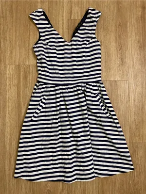 Zara Navy and White Striped V-Neck Mini Dress thumbnail 2