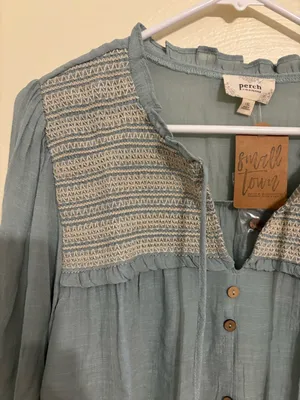 Perch by Blu Pepper Boho Peasant Blouse XL Blue Smocked Long Sleeve Cottagecore thumbnail 7