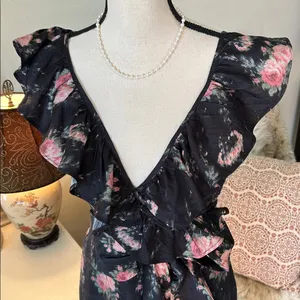 Love shack fancy cosmo rare black floral ruffle silk high low midi dress M L​​ thumbnail 2