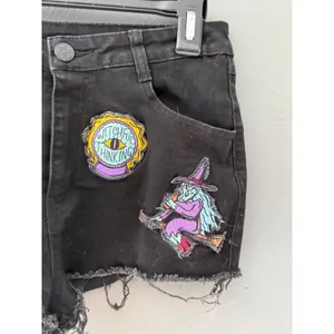 Killstar Womens‎ Black Distressed Witchy Patch Denim Shorts High Rise Small thumbnail 3
