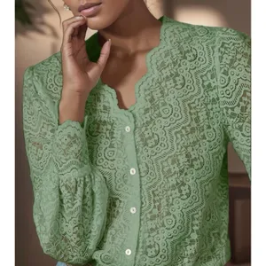 NEW Light Green Lace Tops Blouse Puff Long Sleeve V Neck Button Down M thumbnail 6