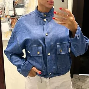 Zara NWT navy blue denim print pocket front bomber jacket thumbnail 4