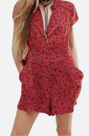 Free People Debby Dot Romper Red Floral Short Sleeve Button Front - Size M EUC thumbnail 1