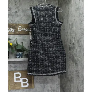 NWT Trixxi Fringe-Trim Boucle Sleeveless Faux Pocket Tweed Dress Black / White S thumbnail 9