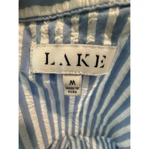 Lake Pajama Top Medium Blue White Stripe Seersucker 3/4 Sleeve Button #GGG8-1 thumbnail 2