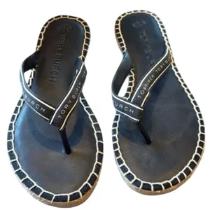 Tory Burch Flat Espadrille Sandals Women’s 11 Black White Logo Strap BNIB thumbnail 1