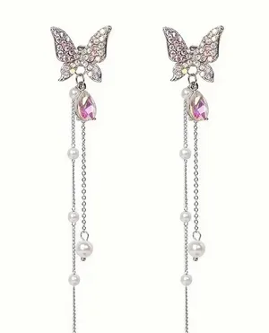 Gorgeous Stainless Steel Silver/ Multicolored Butterfly Dangle Earrings thumbnail 1
