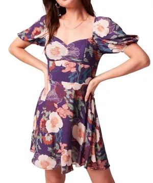 Band of the Free Aimee Purple Floral Puff Sleeve Mini Dress Women’s Size Medium thumbnail 2