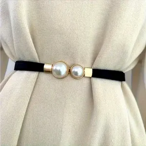 Thin Double Faux Pearl Buckle Solid Color PU Leather‎ Waist Thin Belt One Size thumbnail 5