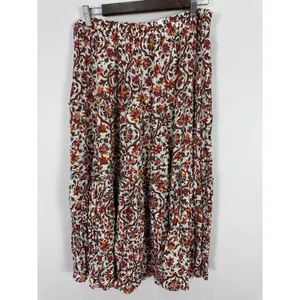 Cynthia Rowley Tiered Midi Skirt Womens Large Orange Floral Boho Cottage Crinkle thumbnail 3