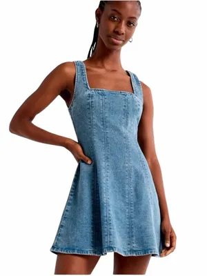 Abercrombie - Mila Squareneck Denim Mini Dress Blue Sz XL Petite thumbnail 1