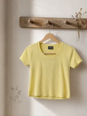 Women's Short Sleeve Ribbed Mom Crop Tee in Yellow thumbnail 2