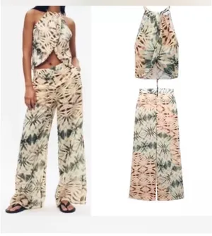 Zara Tie-Dye Wide Leg Pants Set - Green & Cream thumbnail 2