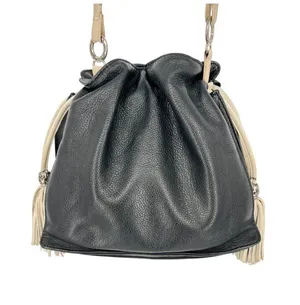 Brighton Boho Western Bucket Slouch Bag Leather Black White Tassel Silver Charms thumbnail 1