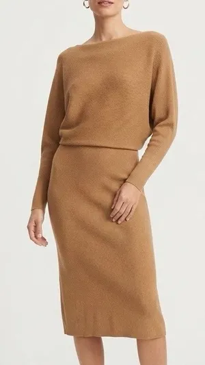 Banana Republic Camel Brown Boat Neck Ribbed Knit Midi Sweater Dress NWT Size L thumbnail 1