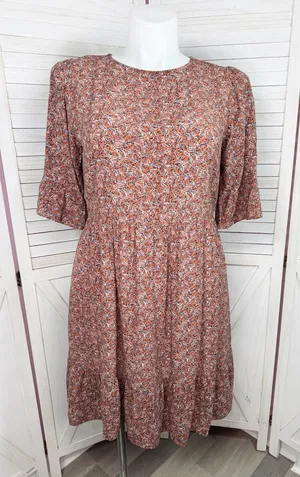Loft Ditsy Floral Print Tiered‎ Babydoll Dress Rust Orange 12 Boho Cottagecore thumbnail 1