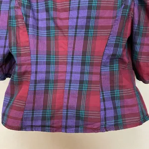 Zara Plaid Puff Sleeve Blouse‎ Women Size Medium Purple Red V-Neck Button Front thumbnail 9