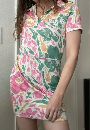Showpo. Floral Ribbed Mini Tennis Dress Pink Green Tropical Size‎ 8 Lined thumbnail 1