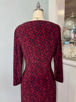 Lauren Ralph Lauren Faux Wrap Sheath Dress Burgundy Black Geometric Ruched Sz 6 thumbnail 6