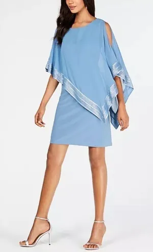 NWT S.L. Fashions Women's Metallic Trim Capelet Sheath Dress Coronet Blue Size 6 thumbnail 1