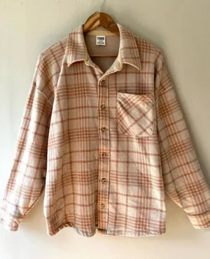 XL Victorias Secret PINK Womens Beige Plaid Flannel Shirt or Shacket Pocket thumbnail 1
