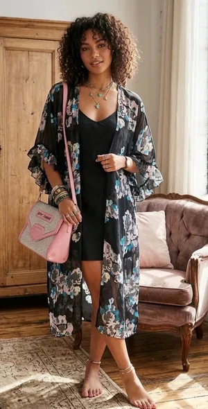 Betsey Johnson Black Floral Sheer Kimono thumbnail 1