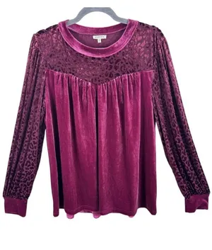 JODIFL Burgundy Velvet Burnout Leopard Long‎ Sleeve Blouse Size L thumbnail 1