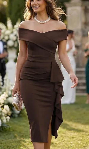 Off the Shoulder Ruched Midi Dress with Built-in Bra. Elegant & flattering fit. thumbnail 1