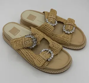 Anthropologie Dolce Vita Size 8 Shauny Crystal Buckled Slide Sandals Tan Beige‎ thumbnail 1