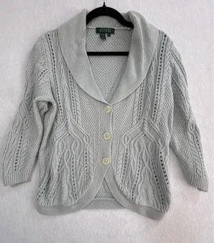 Lauren Ralph Lauren Linen‎ Cotton Cable Knit Shawl Collar Cardigan Blue Grey L thumbnail 1