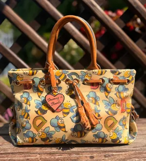 Dooney & Bourke Bumble Bee Print Coated Canvas Tote Bag Tan Leather Trim thumbnail 1