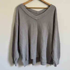 Aerie Wonder Textured V-Neck Sweater Size Medium Gray Ribbed Oversized thumbnail 2