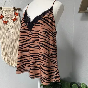 Socialite Tan Brown Black Lace Trim Cami Top Sleeveless Y2k Animal Print Grunge thumbnail 3