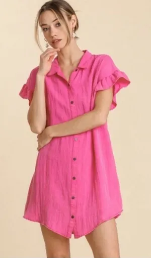 Umgee Hot Pink Ruffle Sleeve Collared Mini Shirt Dress S Small Barbiecore Boho thumbnail 1