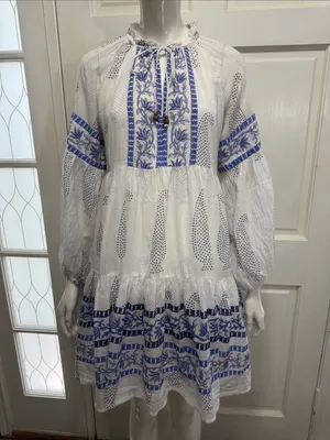 Oliphant 100% Cotton Balloon Sleeve Short Dress | Santorini Blue | Size XS💙 thumbnail 3