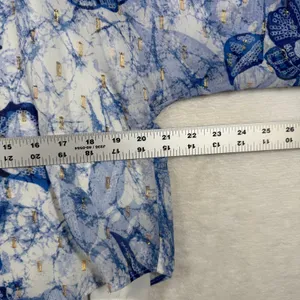 White House Black Market Blue Floral Batik Poncho Blouse Gold Lurex Medium thumbnail 3