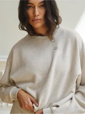 ALO Yoga Female Accolade Crew Neck Pullover Cozy Sweatshirt Oatmeal Heather XL thumbnail 1